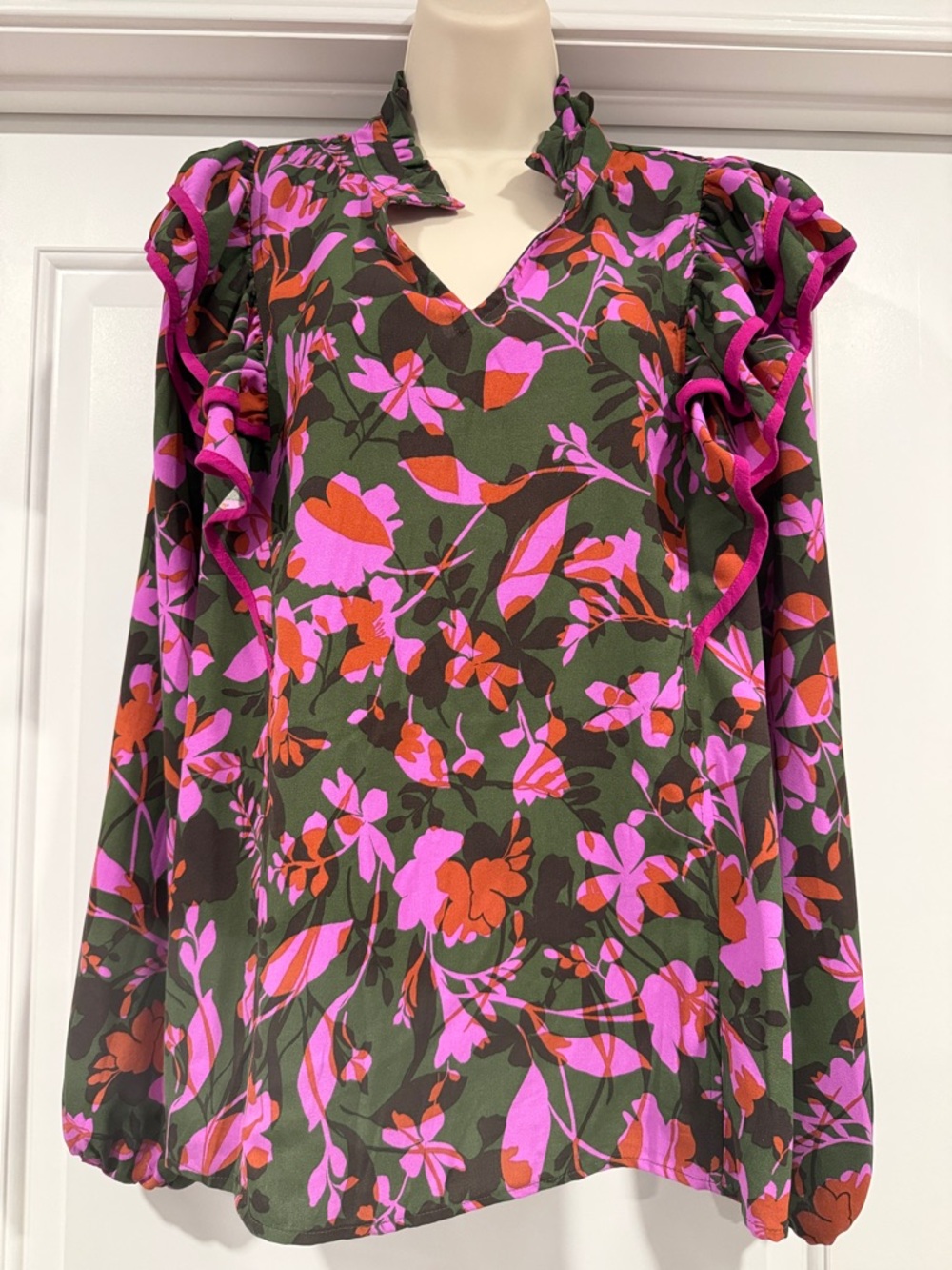 Floral Ruffle Long Sleeve Blouse - Olive, Fuchsia, Coral Size XL